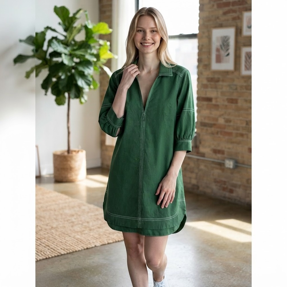 Pilcro Anthropologie Contrast Stitch Shirt Dress Green Size M NWT